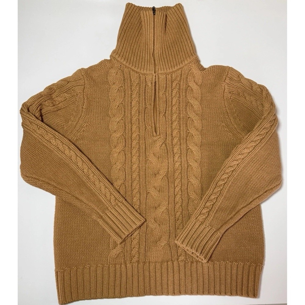 L.L.Bean Womens XL Cable Knit Sweater Tan 1/4 Zip Mock Neck Fisherman Coastal